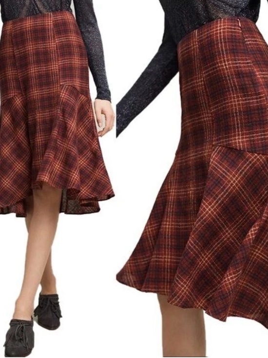 Maeve Dresses & Skirts - Maeve by Anthropologie Red Plaid Flared Midi Skirt wool, rayon blend sizes 8